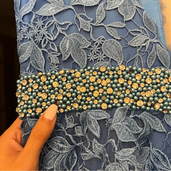 JVN by Jovani Blue V Neck Tulle Prom Ball Gown Lace Floral Appliqués - Picture 12 of 17